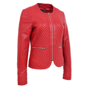 Women Collarless Red Leather Jacket Fitted Quilted Zip Up - Remi
