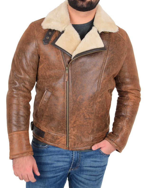 Mens Real Sheepskin Flying Jacket X-Zip Shearling B3 Aviator Coat Stealth Brown Antique