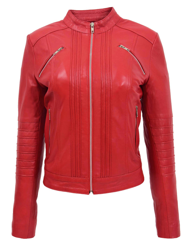 Womens Genuine Leather Biker Style Zip Up Fitted Jacket Poppy Red