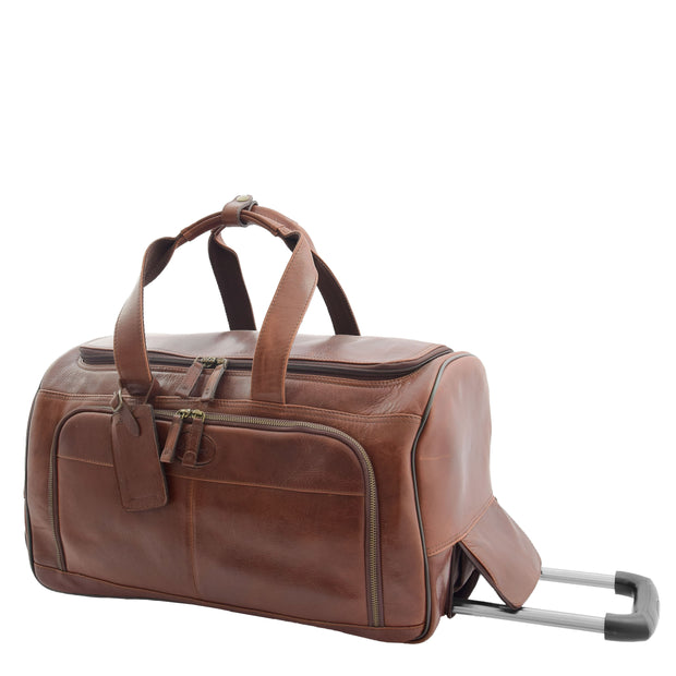 Wheeled Brown Leather Holdall Telescopic Handle Travel Duffle Ozwald