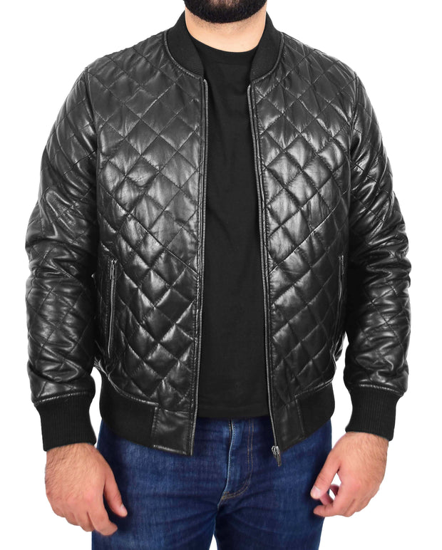 Mens Bomber Leather Jacket Black Fully Quilted Padded Fitted Varsity - Darren