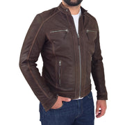 Mens Brown Waxed Skipper Real Leather Biker Style Jacket Captain