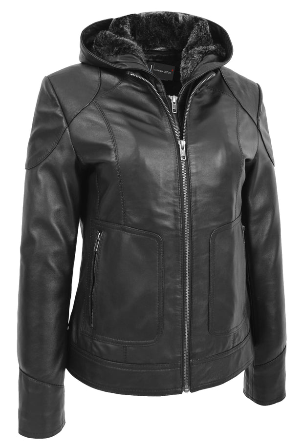 Womens Genuine Black Leather Biker Style Jacket With Removable Hood Sally