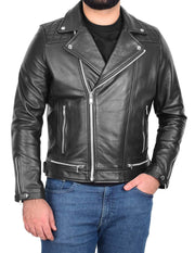 Men Genuine Black Cowhide Biker Leather Jacket Trendy Cafe Racer Brando Cruz