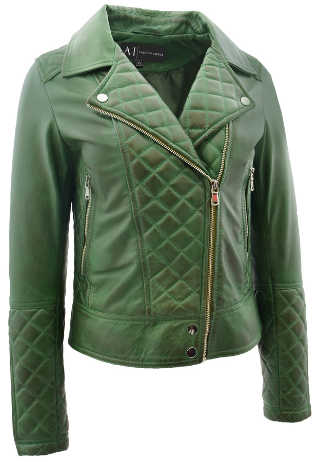 Womens Real Leather Jacket Green Fitted Quilted Trendy Biker Style Bonnie