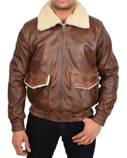 Mens Genuine Leather Pilot Jacket Cognac Flight Aviator Sheepskin Collar Bomber Blaze