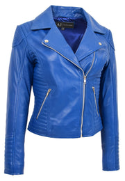 Womens Designer Leather Biker Jacket Fitted Quilted Bonita Blue