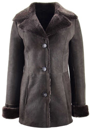 Womens Real Sheepskin Brown Jacket Classic 3/4 Mac Merino Shearling Trench Zona