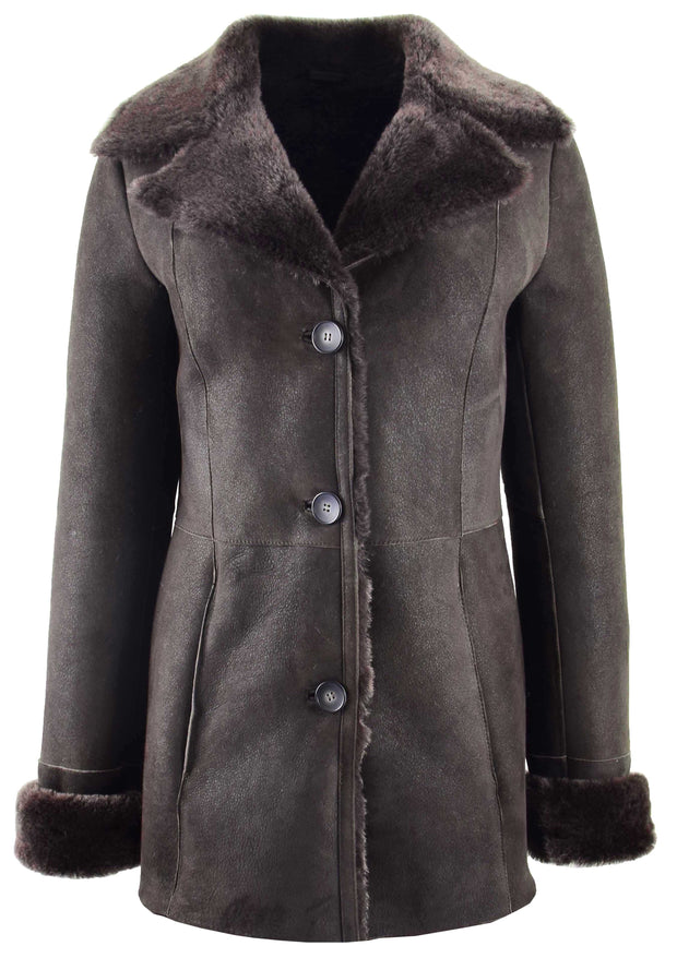 Womens Real Sheepskin Brown Jacket Classic 3/4 Mac Merino Shearling Trench Zona