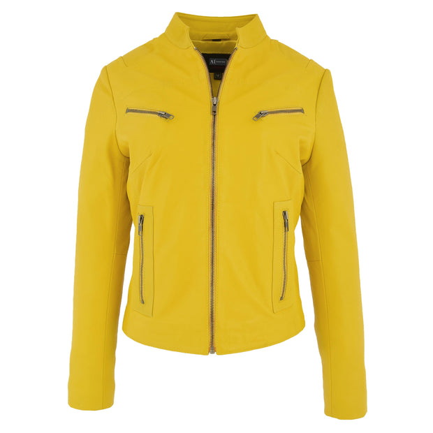 Womens Fitted Leather Biker Jacket Casual Zip Up Coat Jenny Yellow