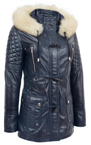 Womens Trendy Real Soft Leather Duffle Coat Fitted Removable Hood Parka Cory Navy