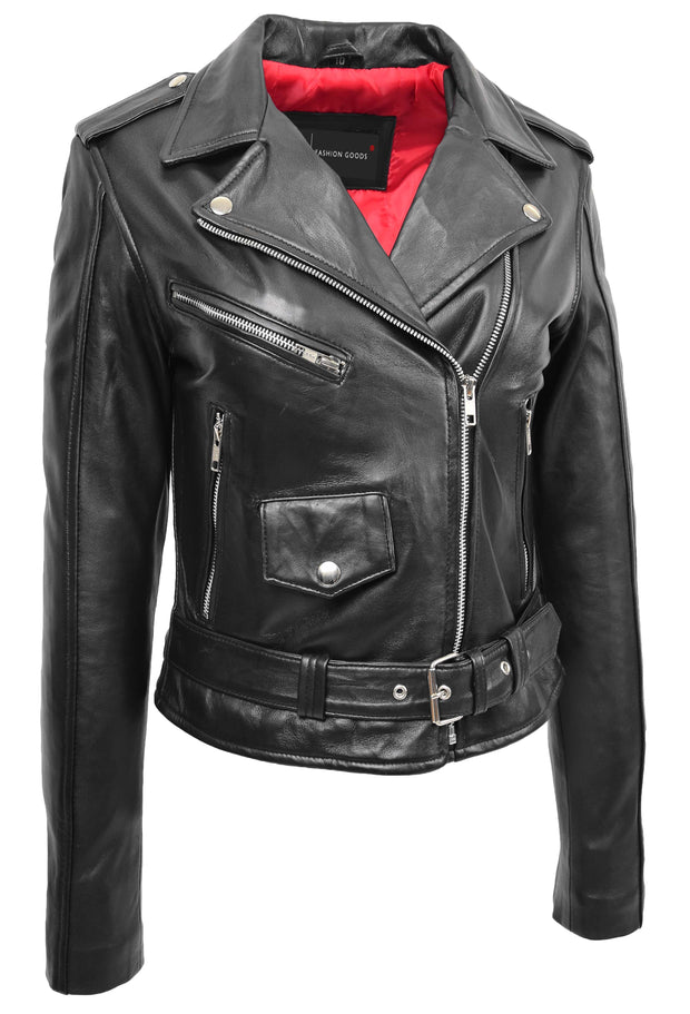Womens Authentic Soft Leather Biker Jacket Slim Fit Black Jessie