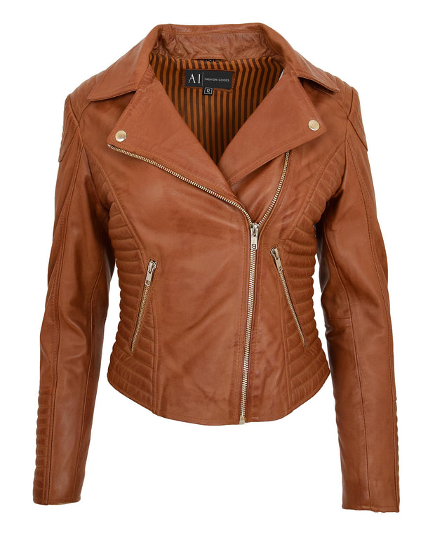 Womens Designer Leather Biker Jacket Fitted Quilted Bonita Tan
