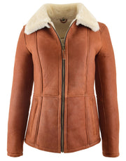 Womens Real Sheepskin Jacket Whiskey Merino Hip Length Shearling Coat Leona