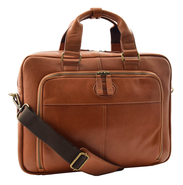 Mens Briefcase Genuine Soft Tan Leather Laptop Business Organiser Bag Pompeii