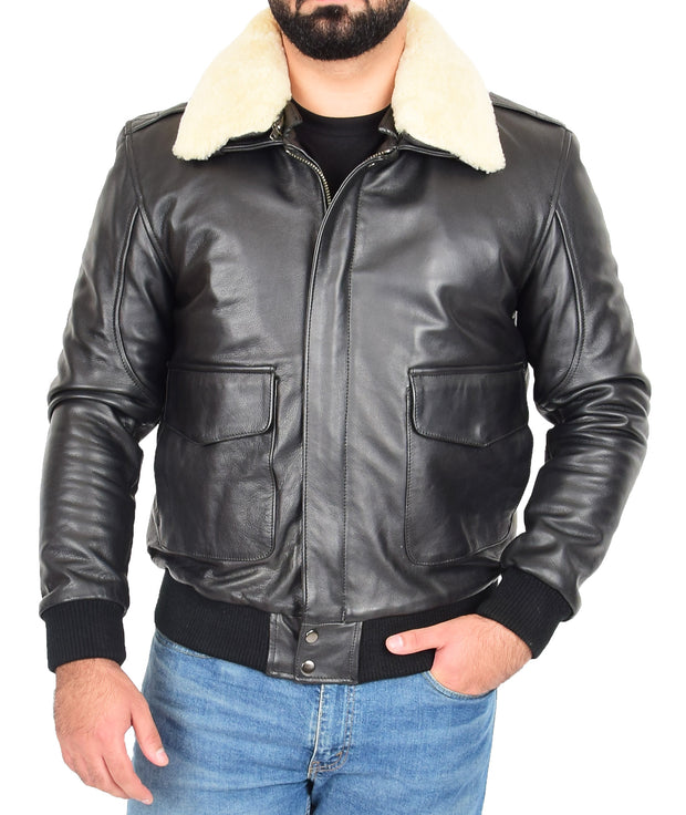 Mens Genuine Cowhide Black Leather Flight Jacket Sheepskin Collar Bomber Harrier