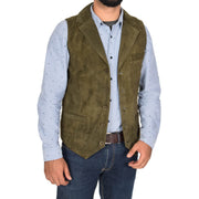 Mens Real Suede Leather Waistcoat Classic Vest Yelek Status Green Open