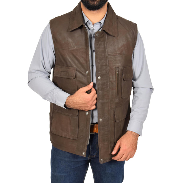 Countrymen Brown Leather Waistcoat Multi Pockets Gilet Boyles Open 1