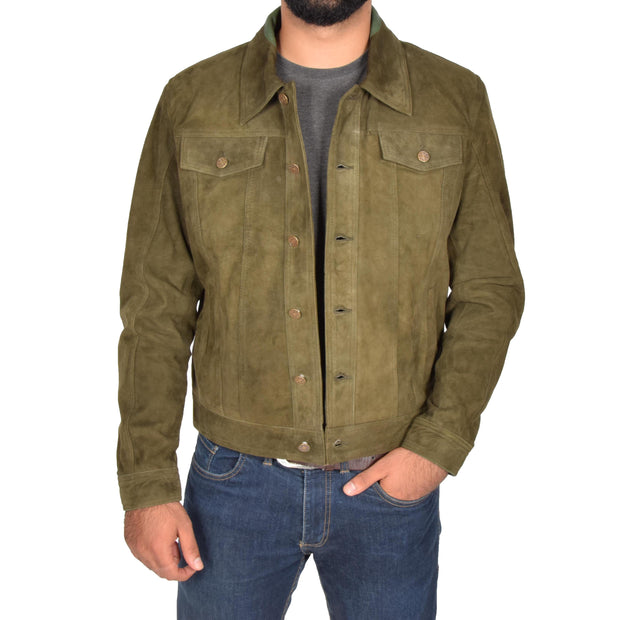 Mens Real Soft Goat Suede Trucker Denim Style Jacket Chuck Green