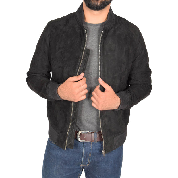 Mens Soft Goat Suede Bomber Varsity Baseball Jacket Blur Black Open