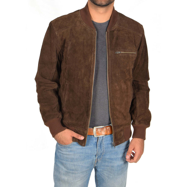 Mens Genuine Suede Bomber Jacket Roco Brown Open