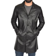 Mens 3/4 Long Leather Coat Classic Trench Overcoat Jones Black
