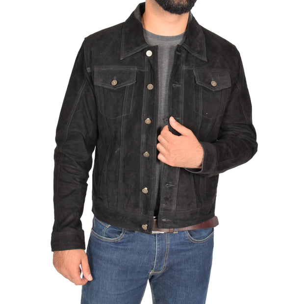 Mens Real Soft Goat Suede Trucker Denim Style Jacket Chuck Black