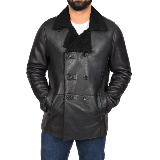 Mens Authentic Sheepskin Jacket Reefer Blazer Pea Coat Lorenzo Black