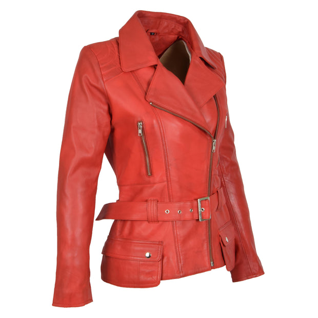 Womens Biker Leather Jacket Slim Fit Cut Hip Length Coat Coco Red