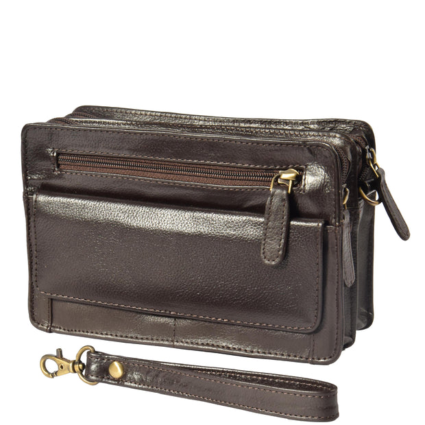 Real Leather Wrist Bag Clutch Travel Organiser Brown A210 With Wrist Strap