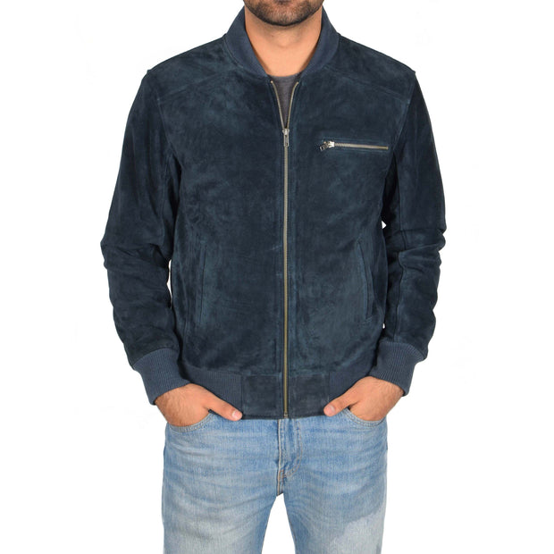 Mens Genuine Suede Bomber Jacket Roco Blue