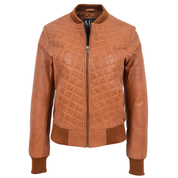 Womens Real Leather Bomber Jacket Tan Diamond Quilted Fitted Varsity Storm