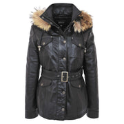 Ladies Black Leather Duffle Coat Belted Removable Hood Parka Jacket Sarah