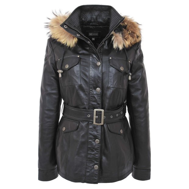 Ladies Black Leather Duffle Coat Belted Removable Hood Parka Jacket Sarah
