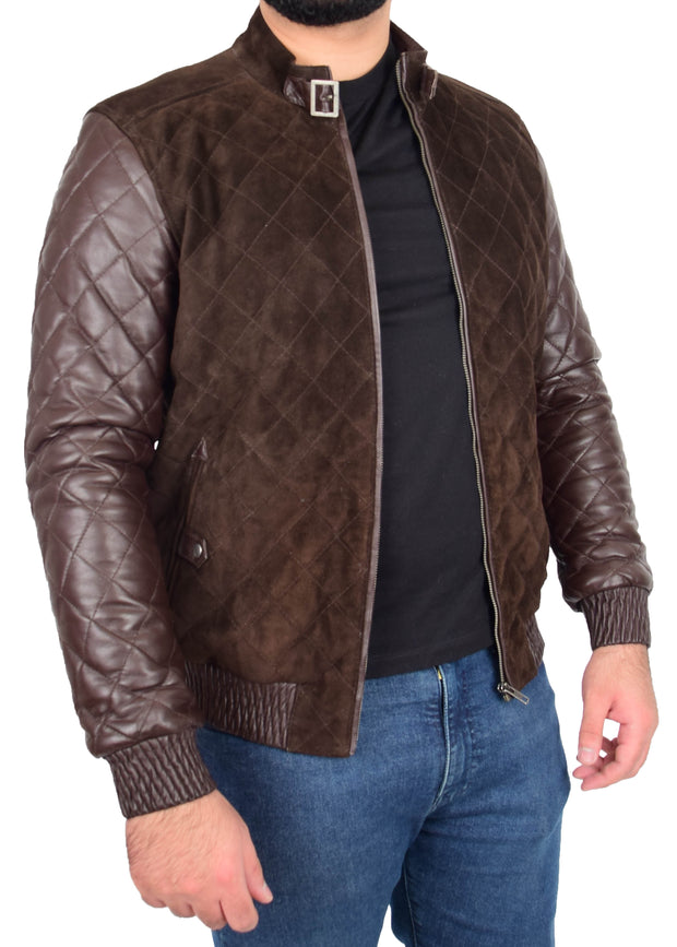 Mens Bomber Jacket Brown Suede and Leather Slim Fit Fully Quilted - Axel