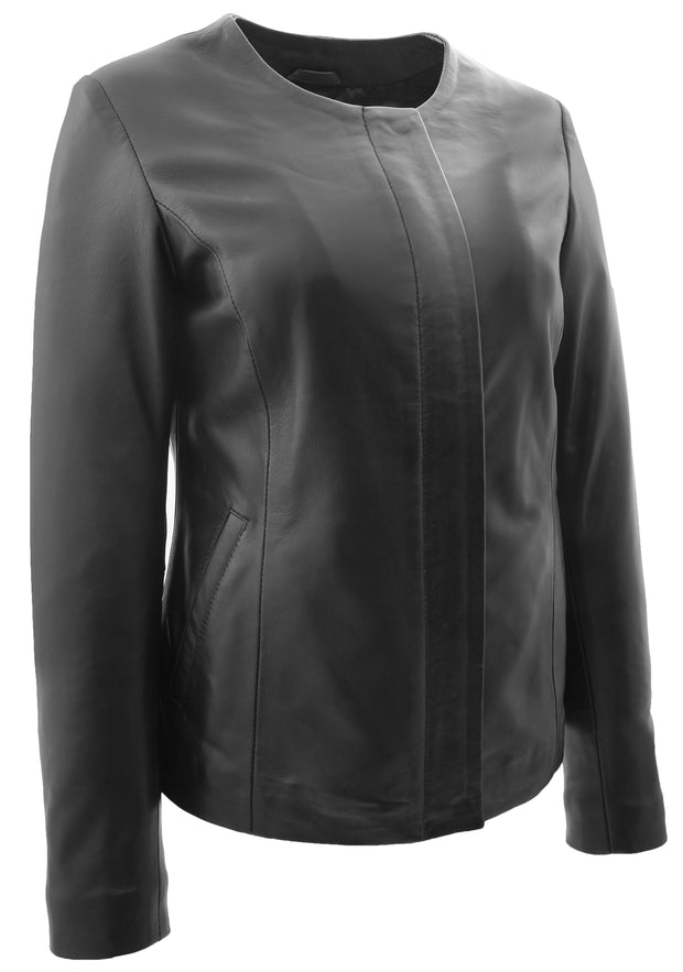 Women Black Leather Jacket Collarless Neckline Soft Fitted Zip Fasten Elena