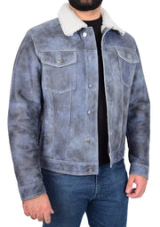 Mens Real Sheepskin American Trucker Jacket Blue Fitted Merino Curly Shearling Rudy