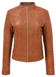 Womens Genuine Leather Biker Style Zip Up Fitted Jacket Poppy Tan