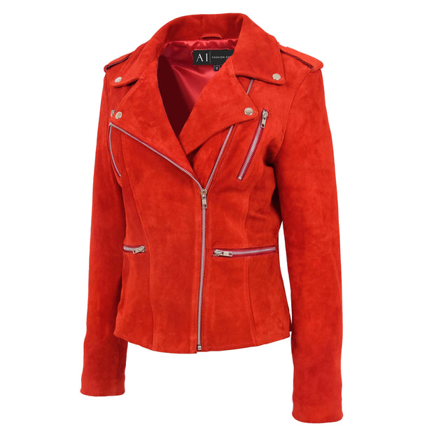 Womens Genuine X-Zip Fitted Biker Red Suede Leather Jacket Rusty