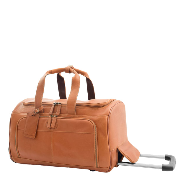 Wheeled Tan Leather Holdall Telescopic Handle Travel Duffle Ozwald