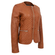 Women Collarless Cognac Leather Jacket Fitted Quilted Zip Up - Remi