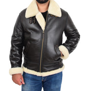 Genuine Sheepskin Flying Jacket For Men B3 Bomber Shearling Coat Thunder Brown/White