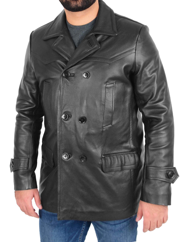 Mens Trench Leather Fitted Reefer Military Overcoat Ernest Black
