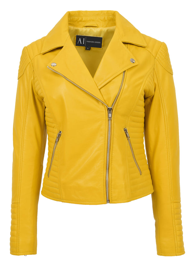 Womens Designer Leather Biker Jacket Fitted Quilted Bonita Yellow