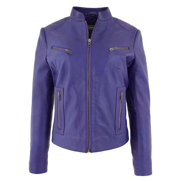 Womens Fitted Leather Biker Jacket Casual Zip Up Coat Jenny Purple