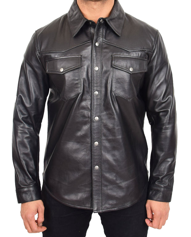 Mens Real Leather Western Shirt Black Authentic American Fashion Trucker Jacket Brett