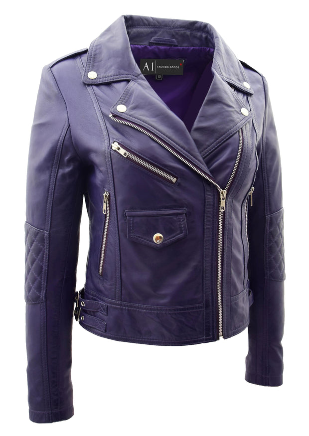Womens Leather Biker Jacket Purple Trendy Slim Fit Designer Ayla