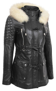 Womens Trendy Real Soft Leather Duffle Coat Fitted Removable Hood Parka Cory Black 5