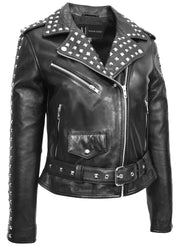 Womens Black Leather Studded Biker Jacket Fitted Brando Style - Stella