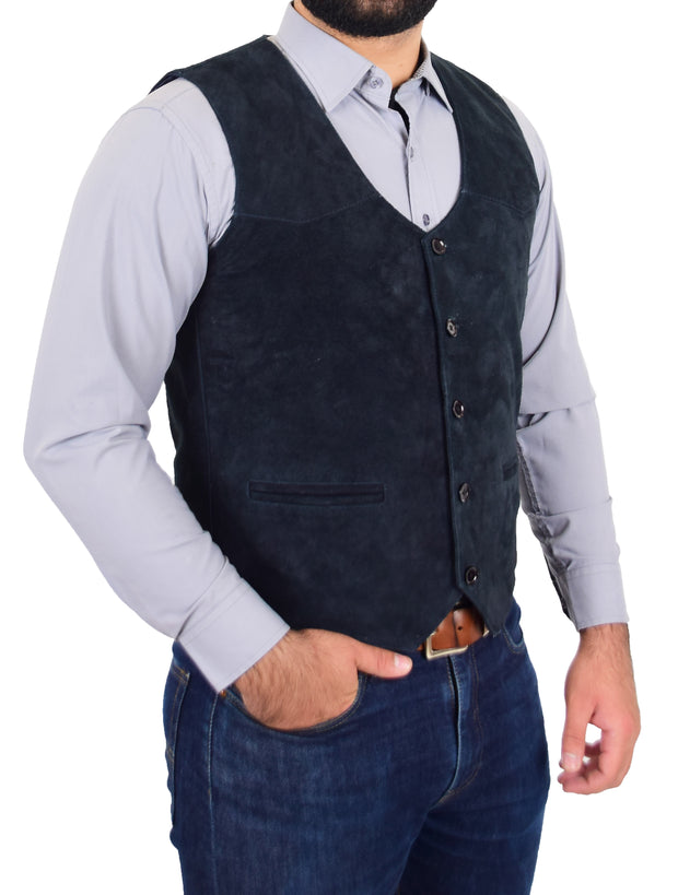 Mens Real Suede Leather Waistcoat Classic Vest Gilet Cole Navy